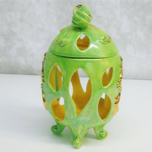 Arnel Easter Egg Canister & Lid Footed Green Gold Bow Bird Candle Holder Figure - Picture 3 of 8